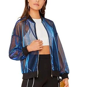 Stand Collar Zipper Front Sheer Mesh Hooded Jacket
